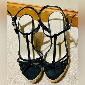Colin Stuart Black T-strap Espadrille Wedges